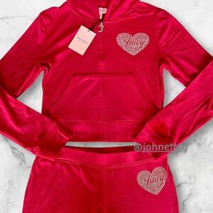 🔥❤️JUICY COUTURE Velour Tracksuit Hoodie & Pants Flash Red Bling Heart Logo M